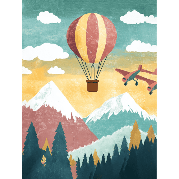 Vintage Hot Air Balloon and Airplane Mountain Landscape Canvas Print Wall Art Perfect for Living Room Bedroom Office Study and Dining Room Decoration.