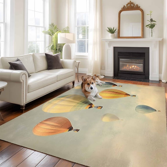 Vintage Hot Air Balloon Area Rug 5x7 FT, Non Slip Bedroom Throw Carpet, Modern Balloon Floating Washable Soft Floor Carpet Non-Shedding Rug for Dining Room Bedside Classroom Desk