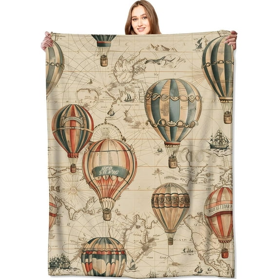 Vintage Hot Air Balloon Blanket World Map and Adventure Throw Blankets,Birthday Gifts for Kids Women,Lightweight Soft Fleece,Travel Lovers,Sofa Couch Bed Room History Decor 40x50in
