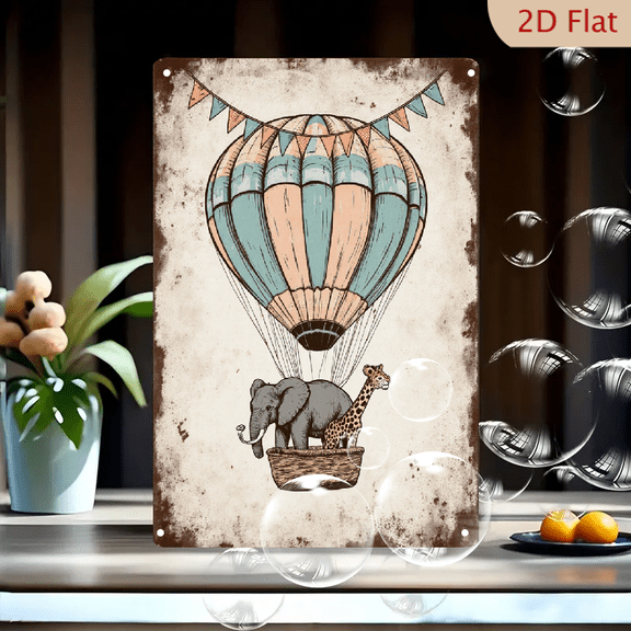Vintage Hot Air Balloon with Elephant and Giraffe 8x12in Metal Wall Art, Retro Wicker Basket Adventure Print on Parchment Background, Whimsical Striped Balloon Decor for Home Office