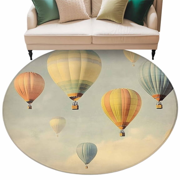 Vintage Hot Air Balloon Large Area Rugs for Bedroom Living Room, Soft Non Slip Carpet Bedside Rug, Modern Balloon Floating Round Floor Cover Kitchen Accent Rug 6' for Dining Room/Office