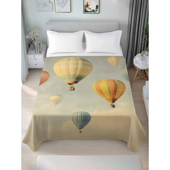 Vintage Hot Air Balloon Queen Size Flat Sheet, Wrinkleproof & Fadeproof Cooling Flat Bed Sheet Only, Modern Balloon Floating Breathable Soft Bedding Top Sheets 90 x 102 Inches