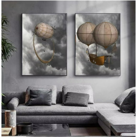 Vintage Hot Air Balloon Retro Steampunk Airship Canvas Painitng Wall Art Picture Poster for Living Room Home Decor 20x30cmx2 Frameless