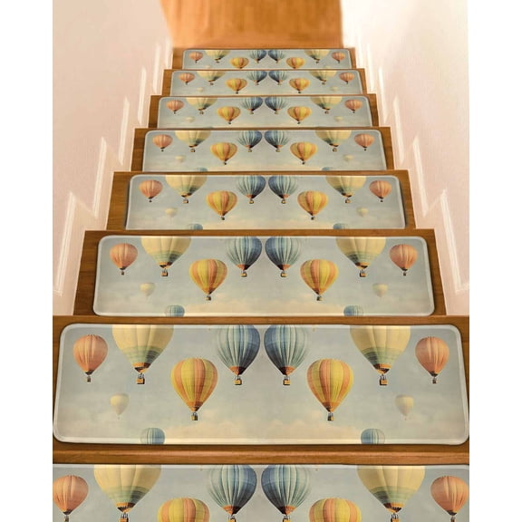 Vintage Hot Air Balloon Stair Treads for Wooden Steps Indoor Runner Rug Carpet, Modern Balloon Floating 4 Pieces Peel and Stick Staircase Step Treads Covers Washable Throw Door Mats, 30"x8"