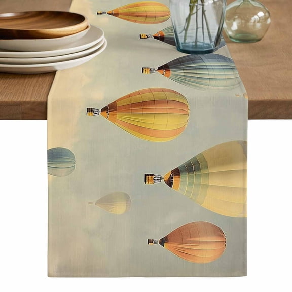 Vintage Hot Air Balloon Table Runner, Modern Balloon Floating Washable Cotton Linen Table Runners 36 Inches Long, Dresser Scarf Runner for Nightstand/End Tables/Round Tables 13''x36''