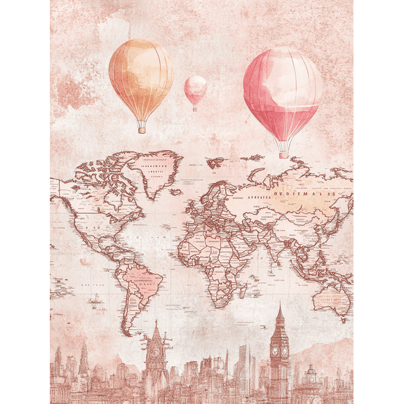 Vintage Hot Air Balloon World Map Canvas Art Print Suitable for Living Room Bedroom Office Study and Hallway Decoration.