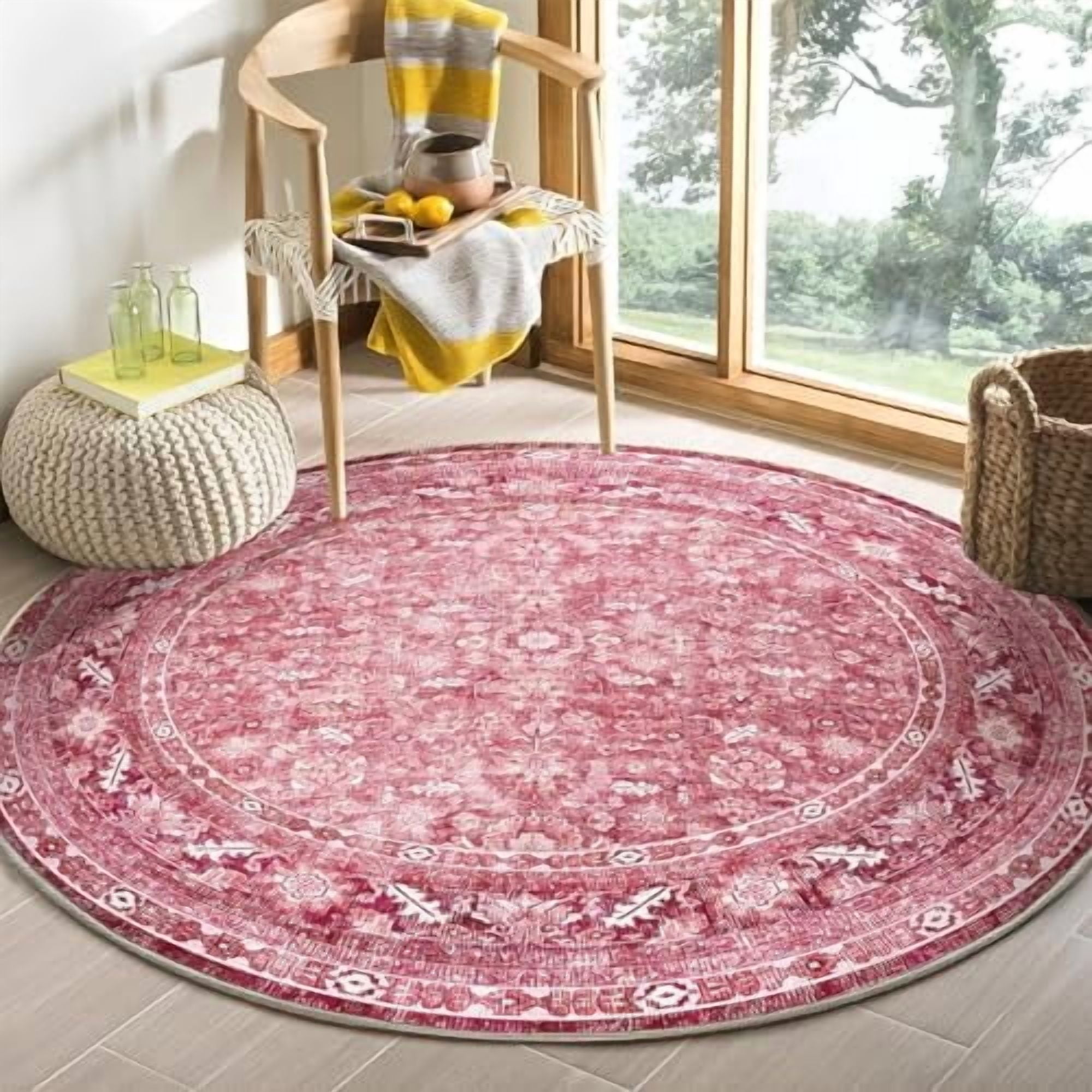 Round Pink Rug Next Vintage Hot Pink Round Rug 5ft, 5 ft Retro Washable Circle Rug Non Slip ...