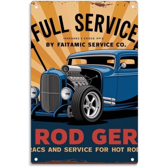 Vintage Hot Rod Garage Metal Sign Print, Full Service Classic Car Tin Sign, Aesthetic Room Decoration for Home Bedroom Kitchen Bar Dorm Bathroom Wall Decor 8 x 12 Inch