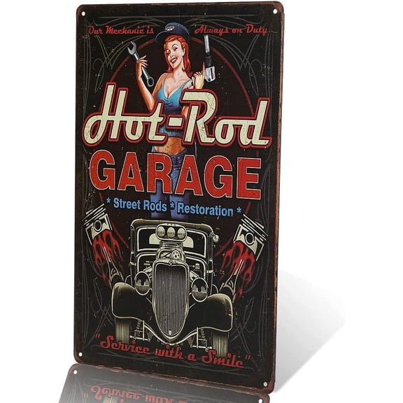 Vintage Hot Rod Garage Metal Wall Decor Pin Up Poster Antique Tray 12 x 8 Inches