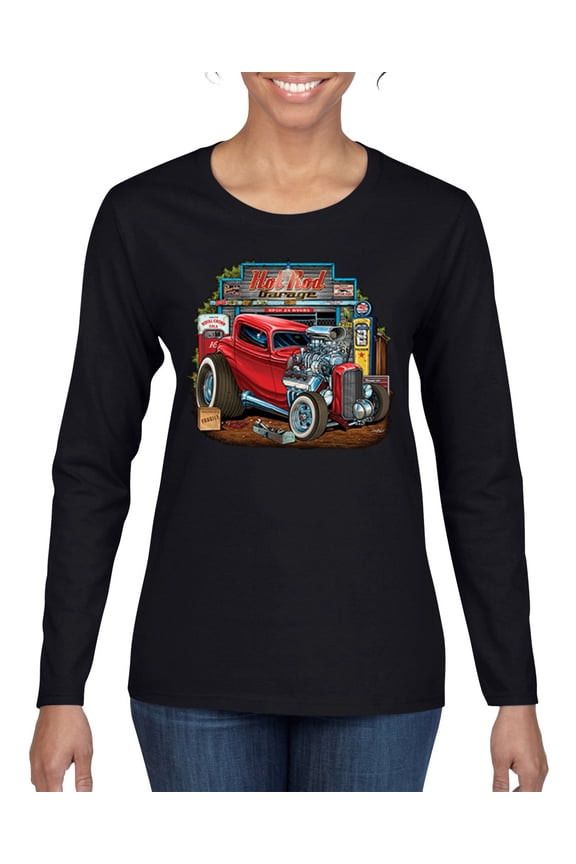 Vintage Hot Rod Old Garage Cars and Trucks Womens Graphic Long Sleeve T-Shirt, Black, Medium