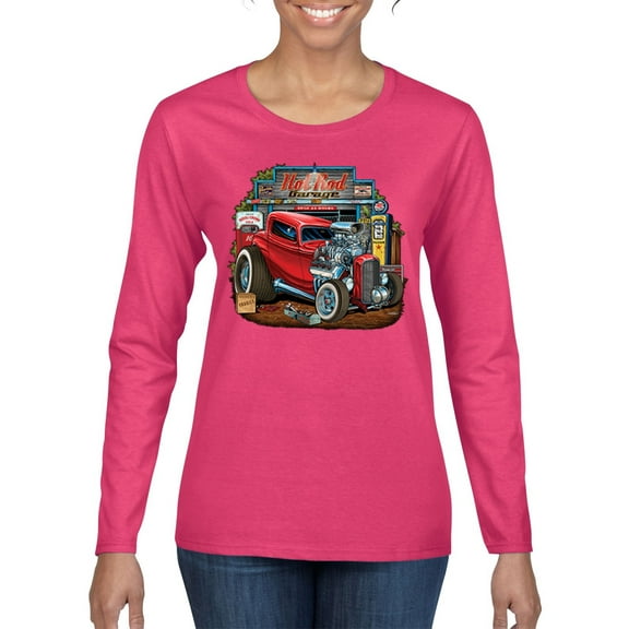 Vintage Hot Rod Old Garage Cars and Trucks Womens Graphic Long Sleeve T-Shirt, Fuschia, Medium