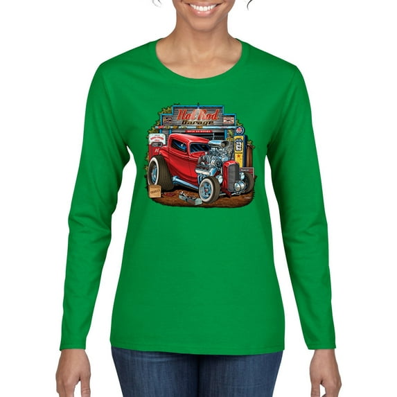 Vintage Hot Rod Old Garage Cars and Trucks Womens Graphic Long Sleeve T-Shirt, Kelly, X-Large