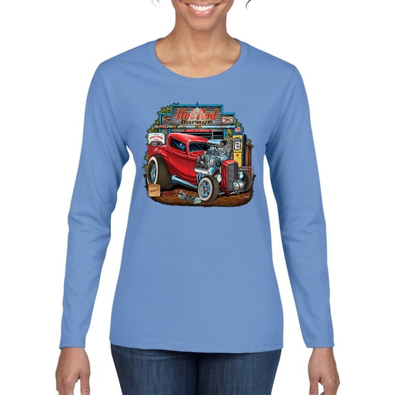 Vintage Hot Rod Old Garage Cars and Trucks Womens Graphic Long Sleeve T-Shirt, Light Blue, 2XL