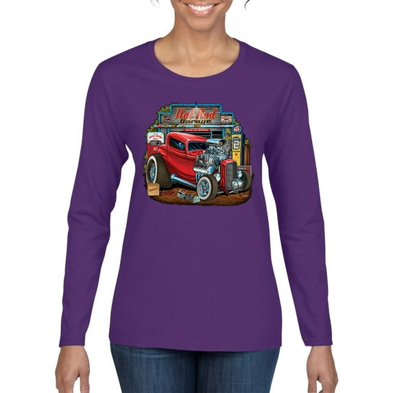 Vintage Hot Rod Old Garage Cars and Trucks Womens Graphic Long Sleeve T-Shirt, Purple, Medium