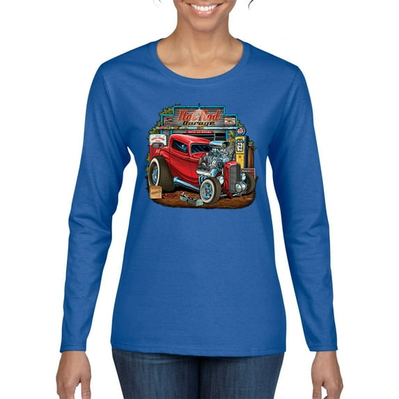Vintage Hot Rod Old Garage Cars and Trucks Womens Graphic Long Sleeve T-Shirt, Royal, Large
