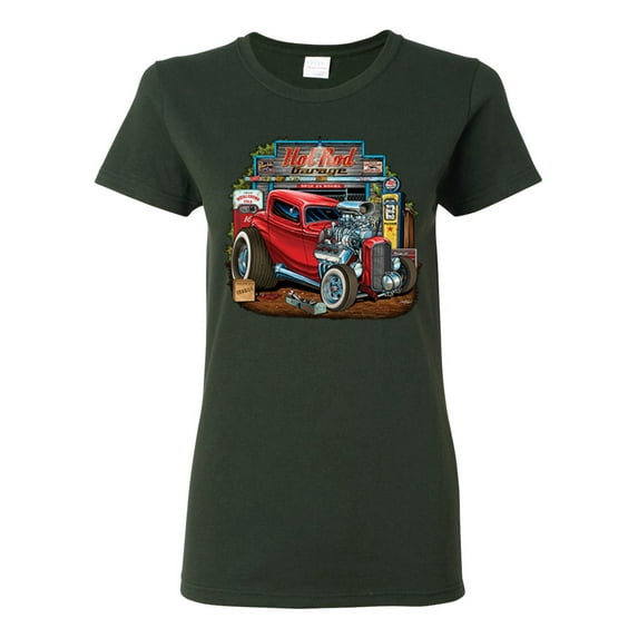 Vintage Hot Rod Old Garage Cars and Trucks Womens Graphic T-Shirt, Forest Green, 2XL
