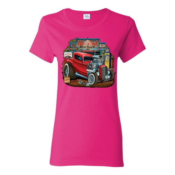 Vintage Hot Rod Old Garage Cars and Trucks Womens Graphic T-Shirt, Fuschia, Small