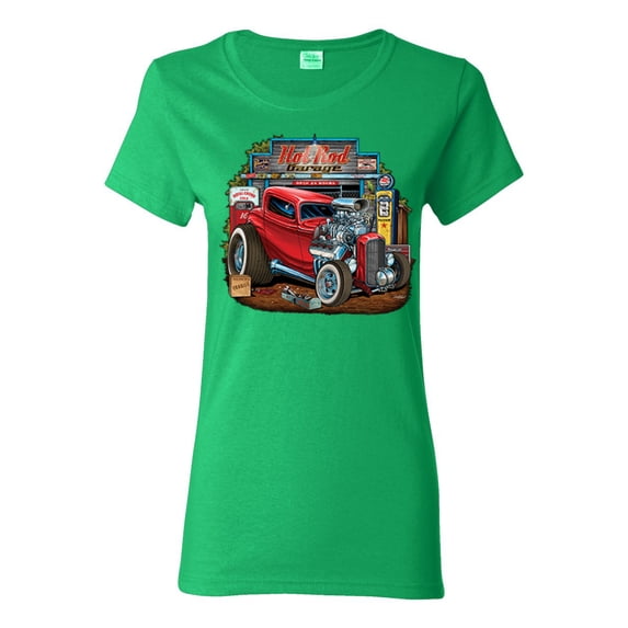 Vintage Hot Rod Old Garage Cars and Trucks Womens Graphic T-Shirt, Kelly, X-Large