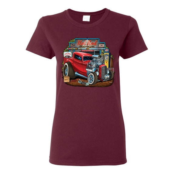 Vintage Hot Rod Old Garage Cars and Trucks Womens Graphic T-Shirt, Maroon, Large