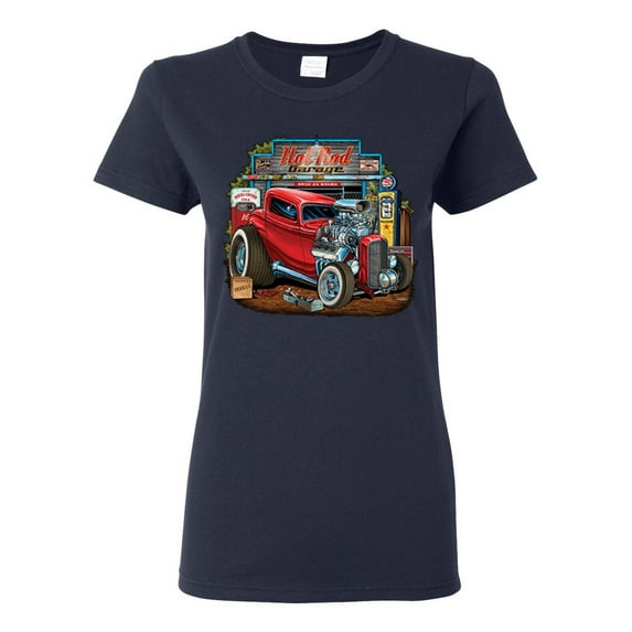 Vintage Hot Rod Old Garage Cars and Trucks Womens Graphic T-Shirt, Navy, 3XL