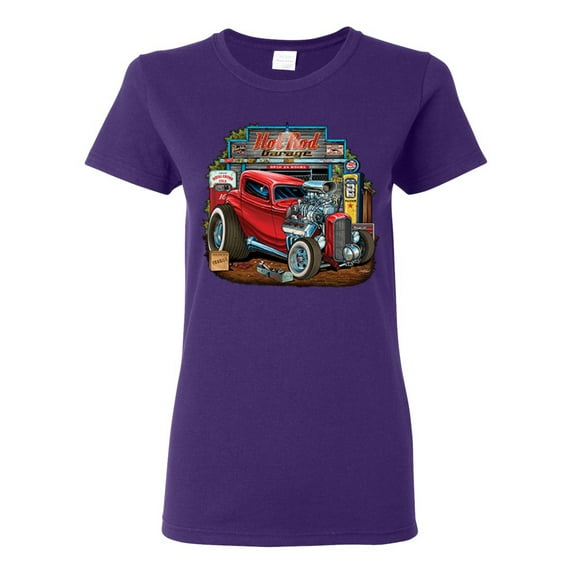 Vintage Hot Rod Old Garage Cars and Trucks Womens Graphic T-Shirt, Purple, 3XL