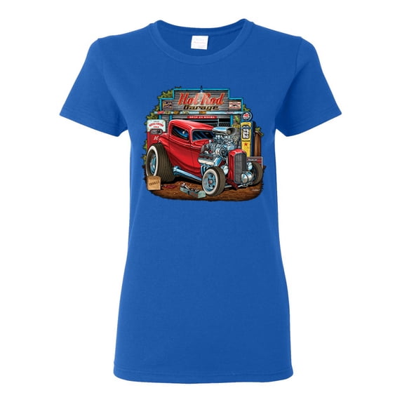 Vintage Hot Rod Old Garage Cars and Trucks Womens Graphic T-Shirt, Royal, 3XL