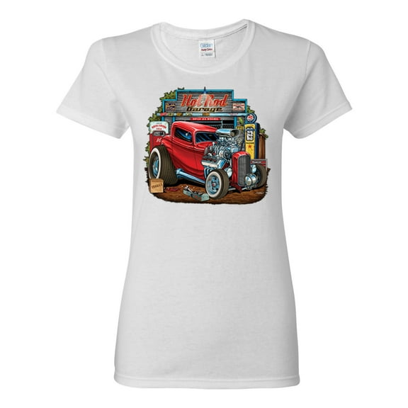 Vintage Hot Rod Old Garage Cars and Trucks Womens Graphic T-Shirt, White, Medium