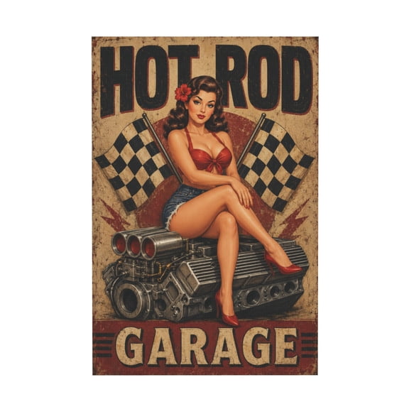 Vintage Hot Rod Pin Up Woman Canvas Wall Art for Bar Cafe 12*18in