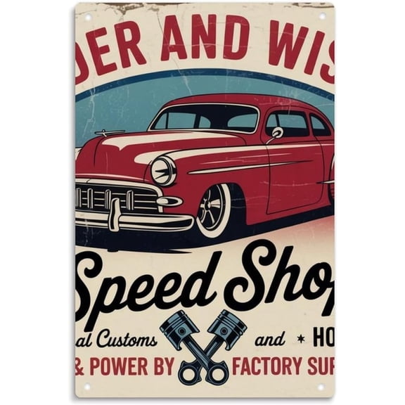Vintage Hot Rod Speed Shop Tin Sign, Older and Wiser Classic Car Metal Sign Print Aesthetic Room Decoration for Home Bedroom Kitchen Bar Dorm Bathroom Wall Decor 8 x 12 Inch