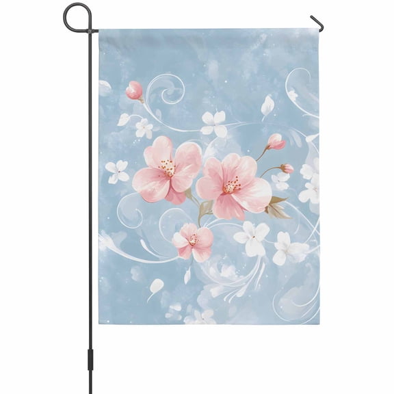 Vintage House Flags For Outdoor, Pink Lovely Flowers Flora Blue Background Small Double Side Yard Flags Weather Proof House Decor for Lawn Outside Holiday 28 x 40 Inches