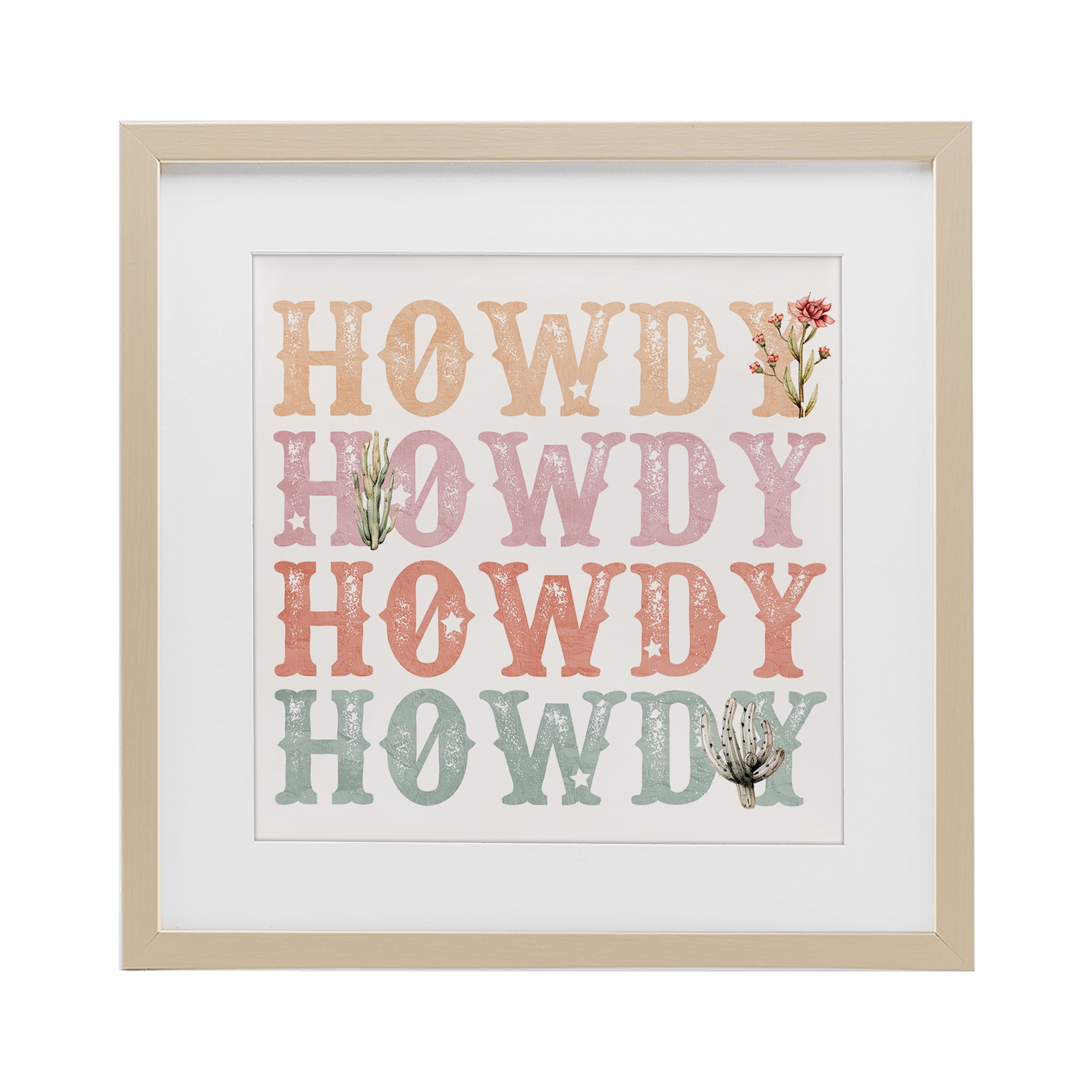 Vintage Howdy Rainbow Text Birch Framed Print Under Glass, design by Kim Allen