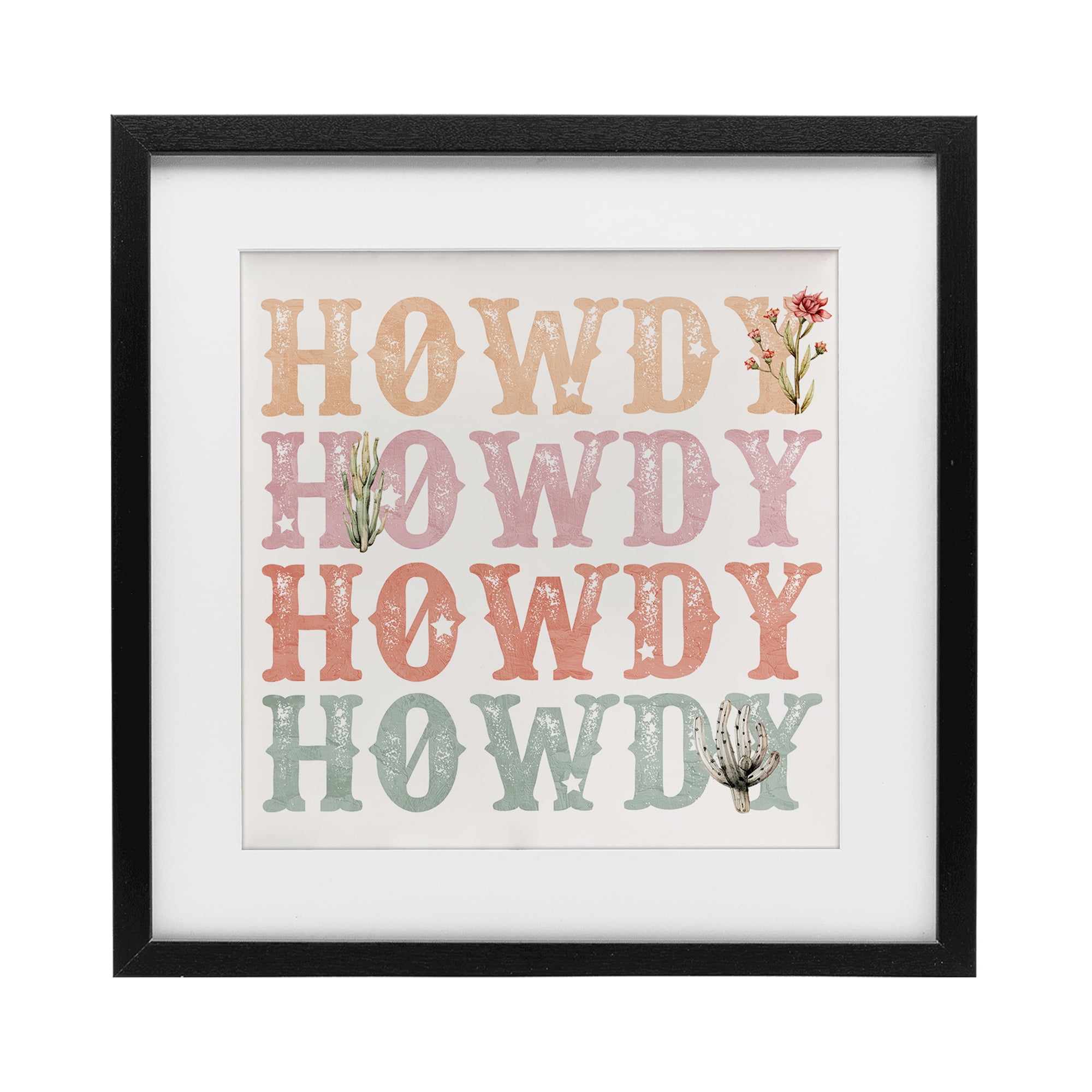 Vintage Howdy Rainbow Text Black Framed Print Under Glass, design by Kim Allen