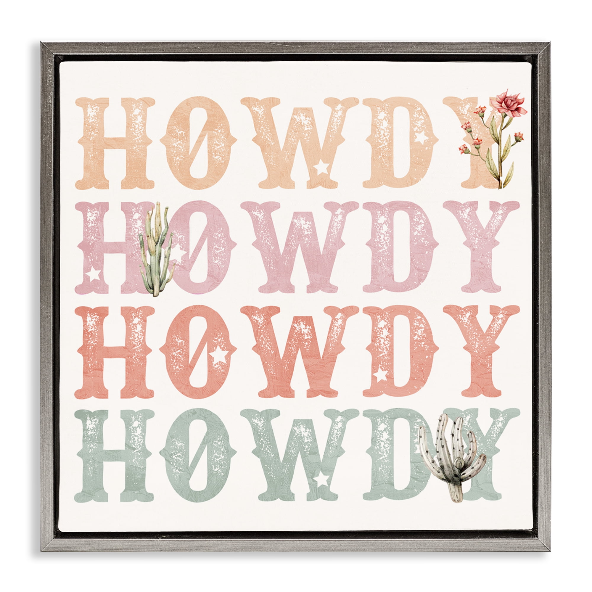 Vintage Howdy Rainbow Text Gray Framed Floater Canvas Wall Art, design by Kim Allen