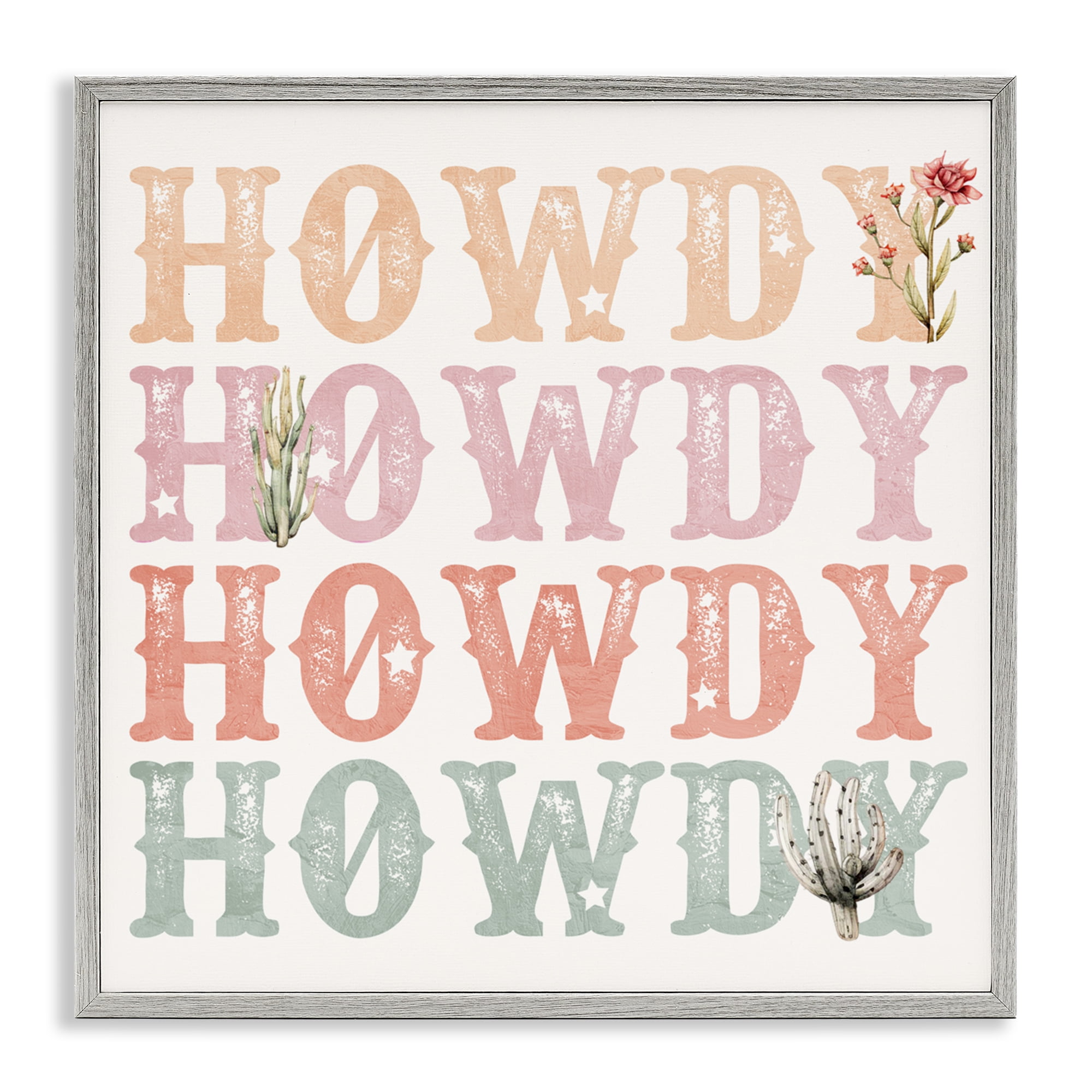 Vintage Howdy Rainbow Text Gray Framed Giclee Art, design by Kim Allen