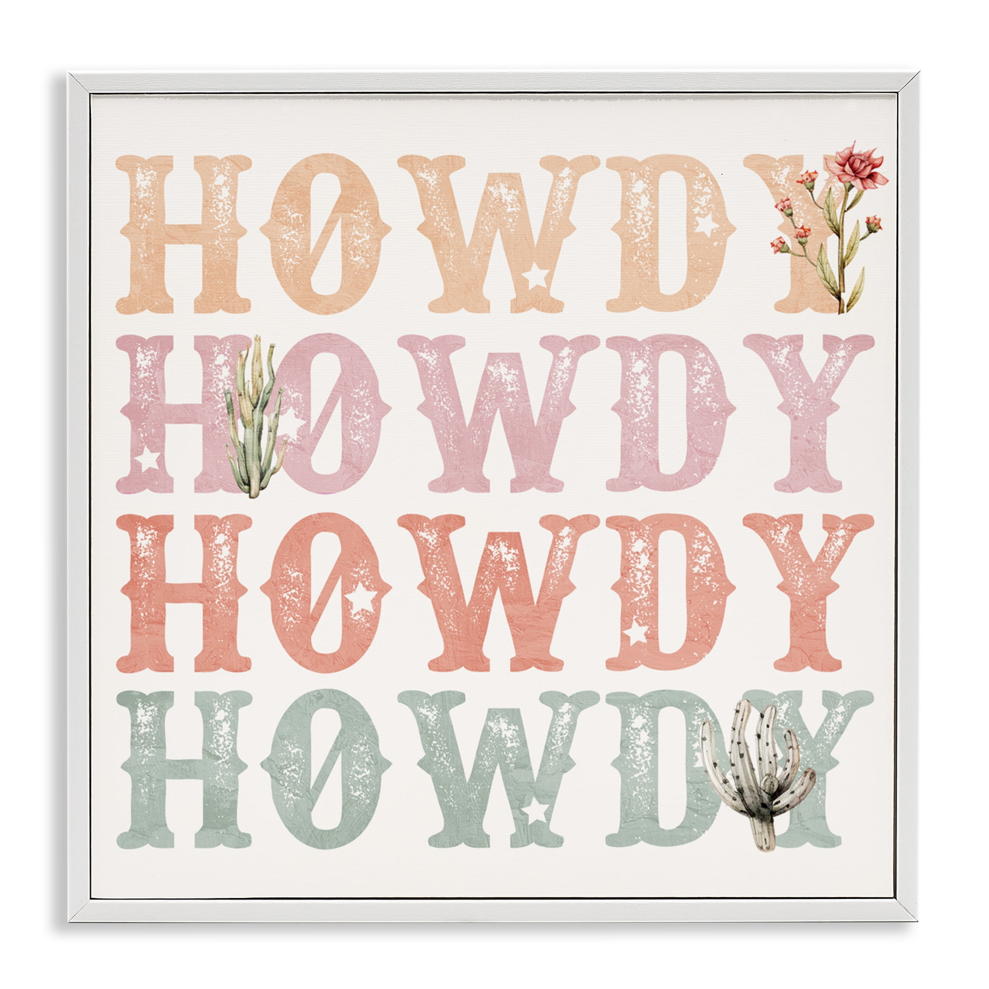 Vintage Howdy Rainbow Text White Framed Giclee Art, design by Kim Allen
