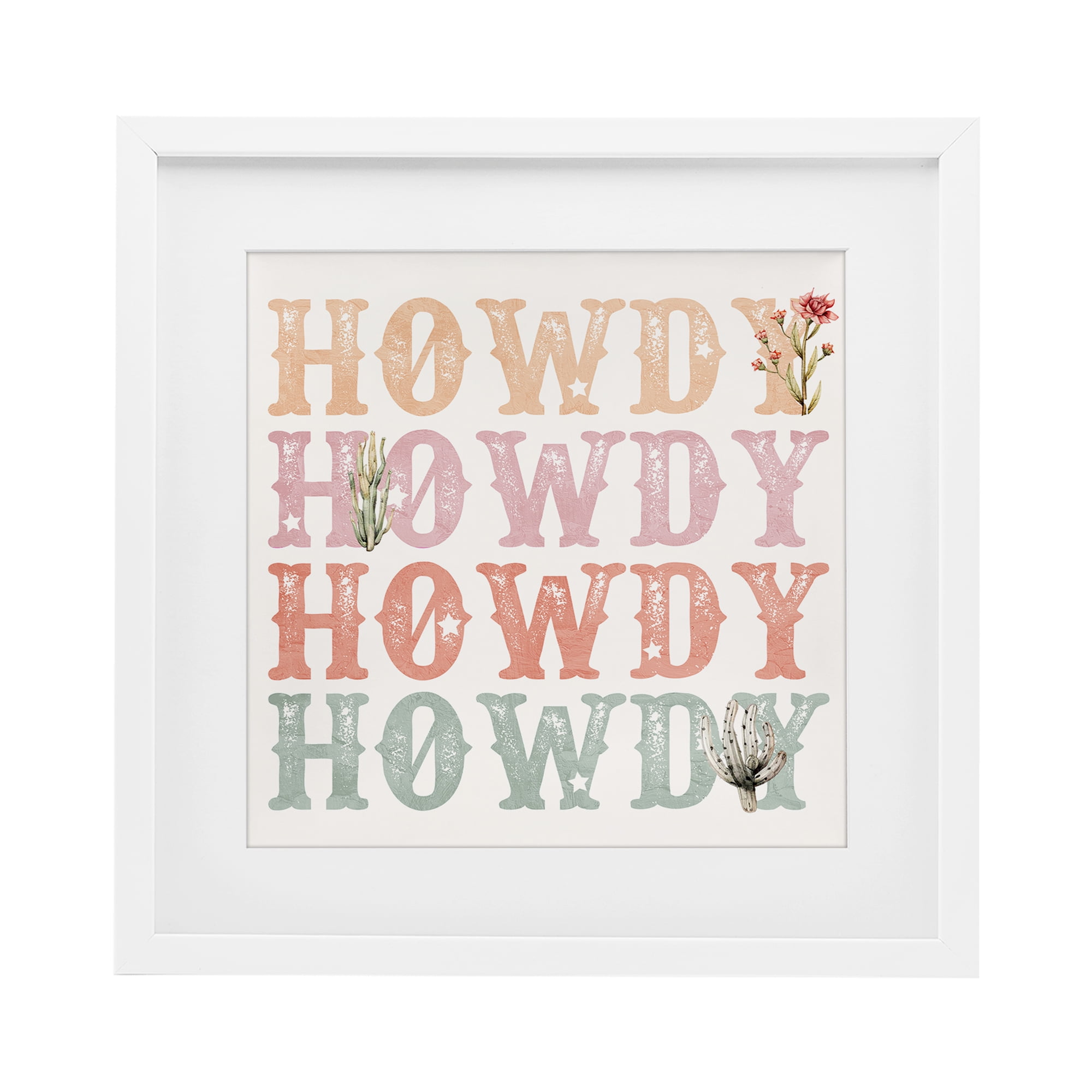 Vintage Howdy Rainbow Text White Framed Print Under Glass, design by Kim Allen