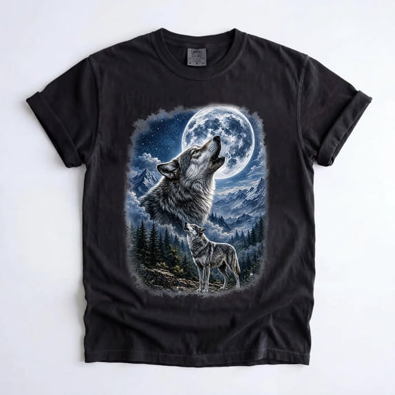 Vintage Howling Wolf Graphic T-Shirt, Full Moon Mystic Forest Wildlife Aesthetic Tee, Nature Lover Gift