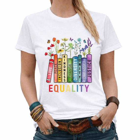 Vintage Human Rights Equality Colorful Books Graphic Tees Womans Casual Tshirt Tops Black/White S-5XL