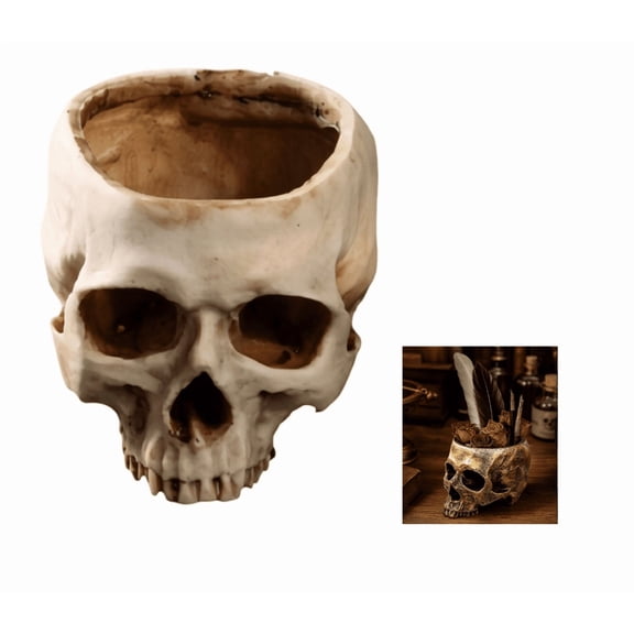 Vintage Human Skull Flower Pot – Antique Resin Head Planter for Boho Gothic Industrial Home Decor, Hollow Succulent Container with Stone-Like Finish, Unique Desk Shelf Accent