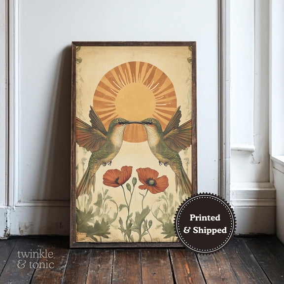 Vintage Hummingbird Art Print Rustic Floral Wall Decor Moody Cottagecore Bird Poster Antique Botanical Style UNFRAMED Poster, 12x18