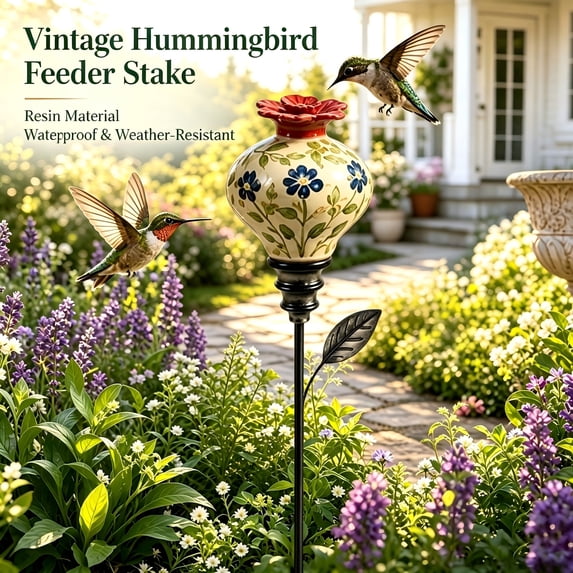 Vintage Hummingbird Feeder Garden Stake - Resin Outdoor Bird Feeder for Patio Balcony Yard, Weather Resistant Decor for Borders and Large Planters