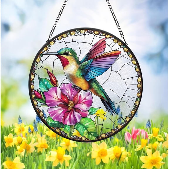 MISA 18 Suncatcher, Vintage Hummingbird and Hibiscus, Glass, Bird Window Hanging