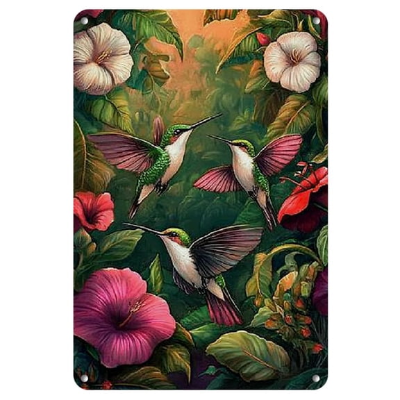 Vintage Hummingbird Iron Wall Art Sign - 8x12 Inches, Vibrant Floral Design with Flying Hummingbirds, Perfect for Outdoor Decor, Home Bars, Clubs, or for Enthusiasts, Bird Decor