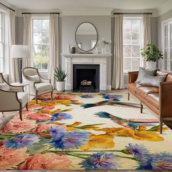 Vintage Hummingbirds Area Rugs 5'x7', Washable Small Throw Rugs for Laundry Room Playroom, Spring Farmhouse Country Flowers Indoor Outdoor Rug Non-Slip Low Pile Carpet Runner Reversible Floor Mats