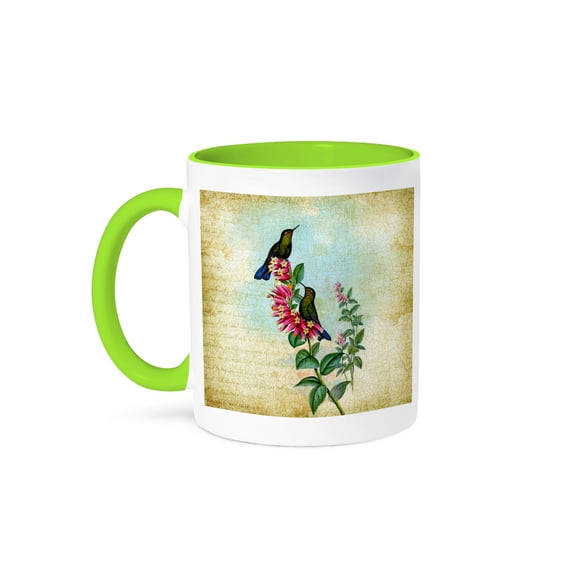 3dRose, Vintage Hummingbirds Grunge Digital Art by Angelandspot, 15oz Two-Tone Green Mug