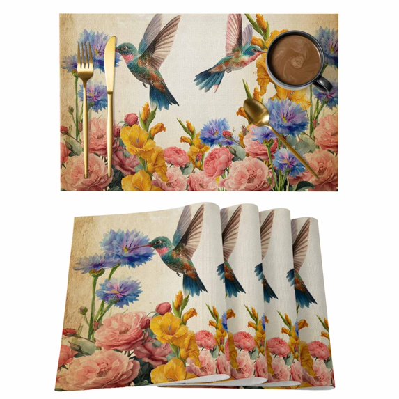 Vintage Hummingbirds Placemats Set of 4, Spring Farmhouse Country Flowers Placemats for Dining Table, Place Mats for Kitchen Tabletop, Waterproof Wipeable Dining Table Mats Set
