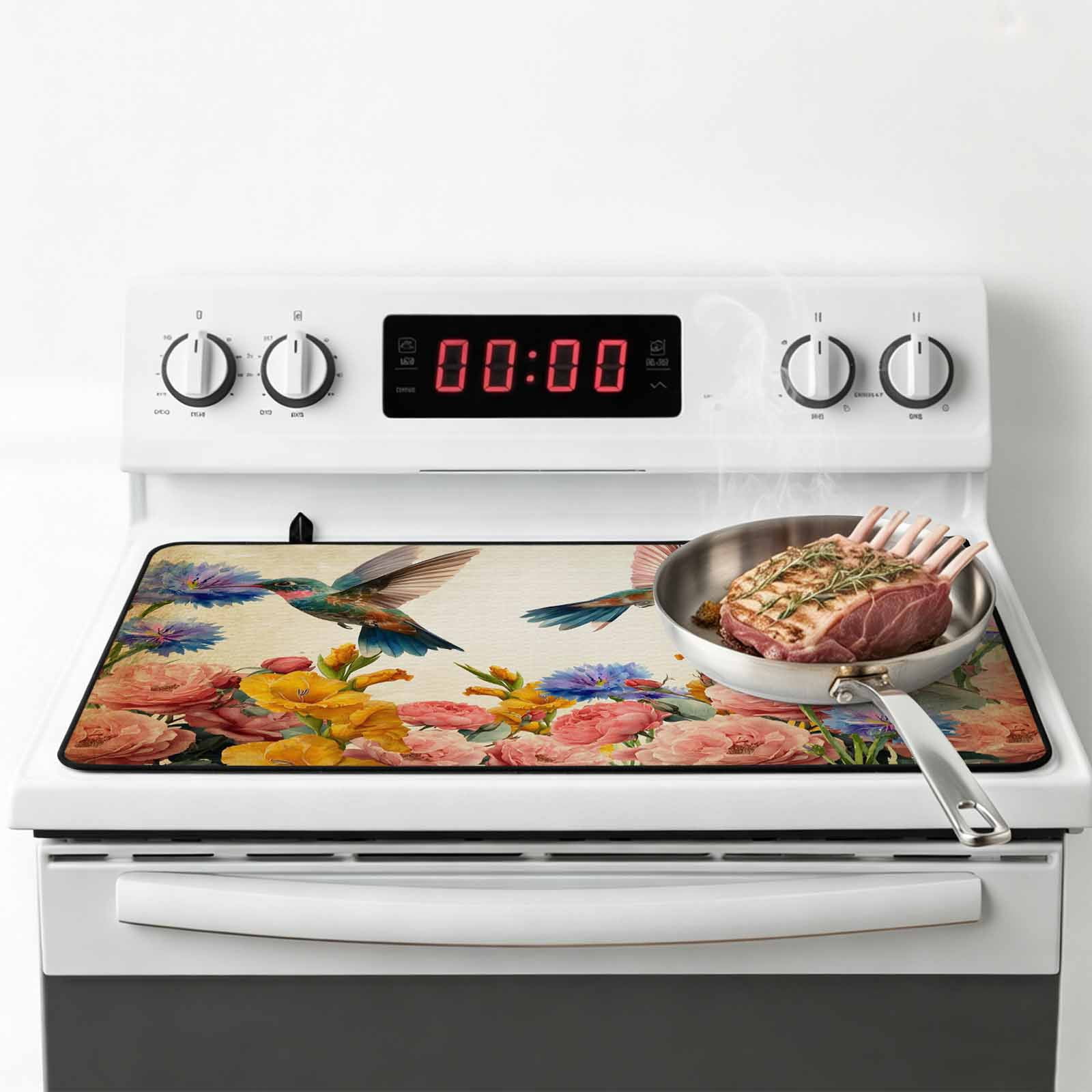 Vintage Hummingbirds Stove Top Cover for Electric Stove, Heat-proof & Non Slip Glass Top Stove Cover Protector, Spring Farmhouse Country Flowers Kitchen Flat Cooktop Rubber Mat 24x21 Inches