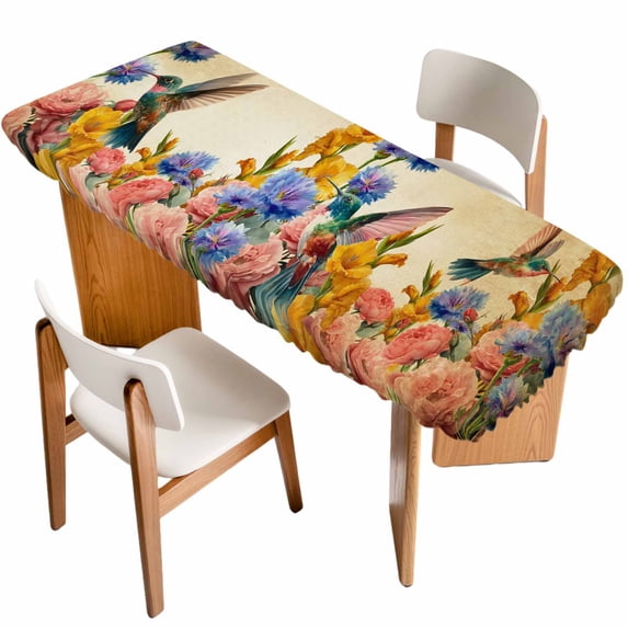 Vintage Hummingbirds Table Cloths for 8 Foot Rectangle Tables, Spring Farmhouse Country Flowers Patio Waterproof Elastic Fitted Tablecloths, Washable Rectangular Table Cover for Camping