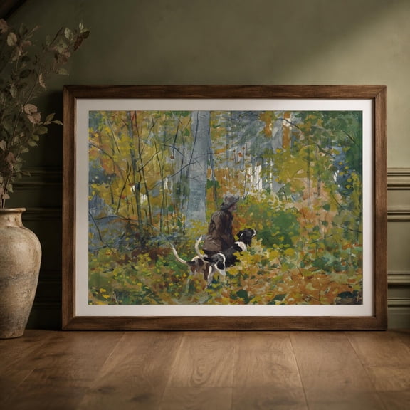 Vintage Hunting Dogs Antique Sporting Woodland Hunting Scene Rustic Cabin Winter Landscape Cabin Lodge Wall Art Unframed Paper Print