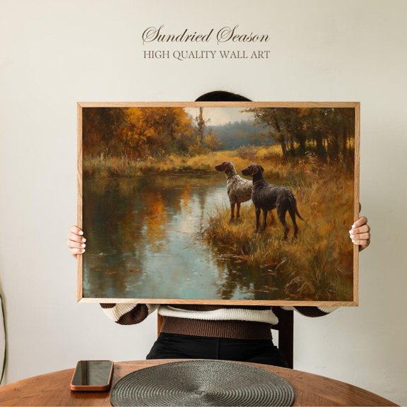 Vintage Hunting Dogs Pointers Golden Field Water Autumn Woodland Decor